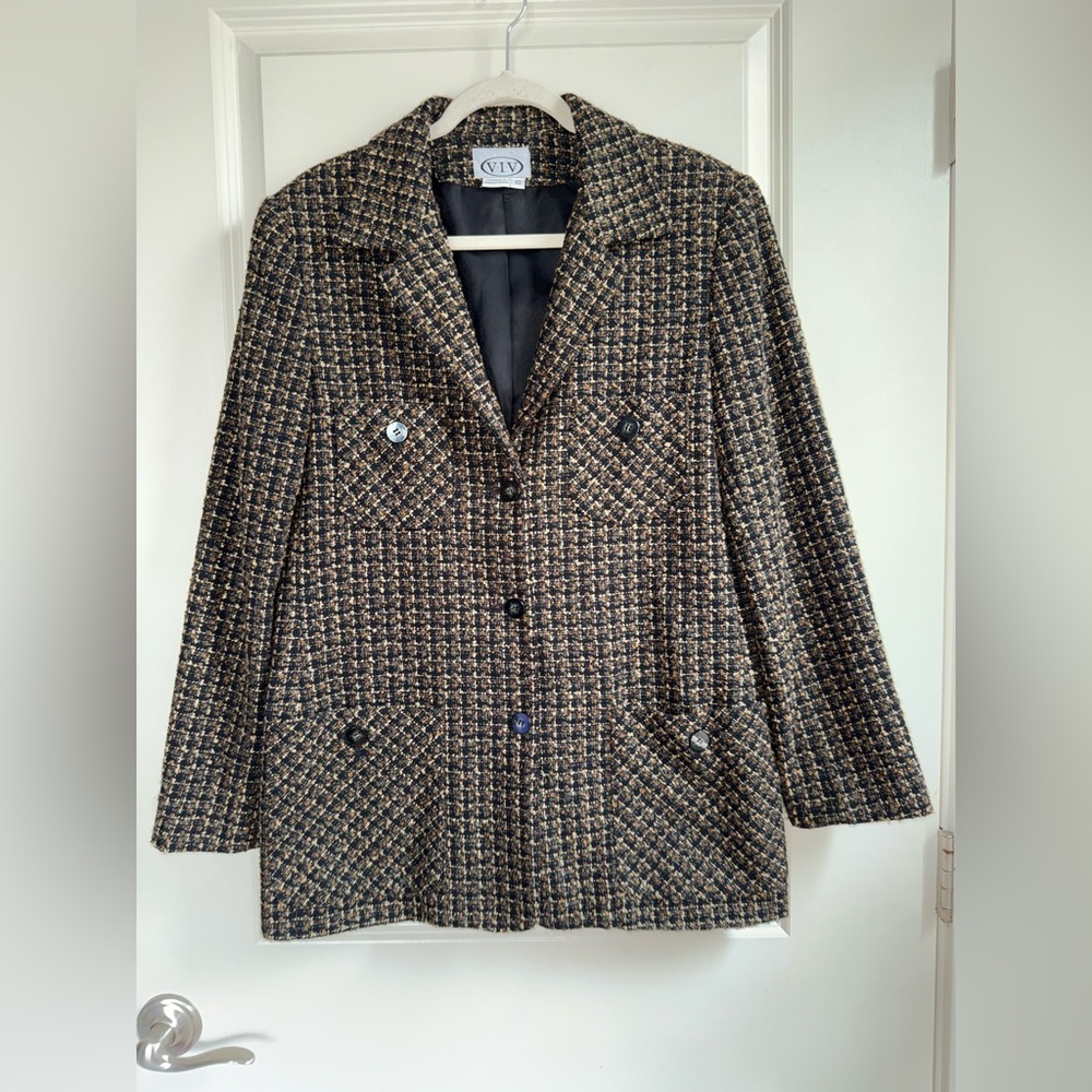 VIV Women's Black and Tan Tweed Blazer Size 10 EUC